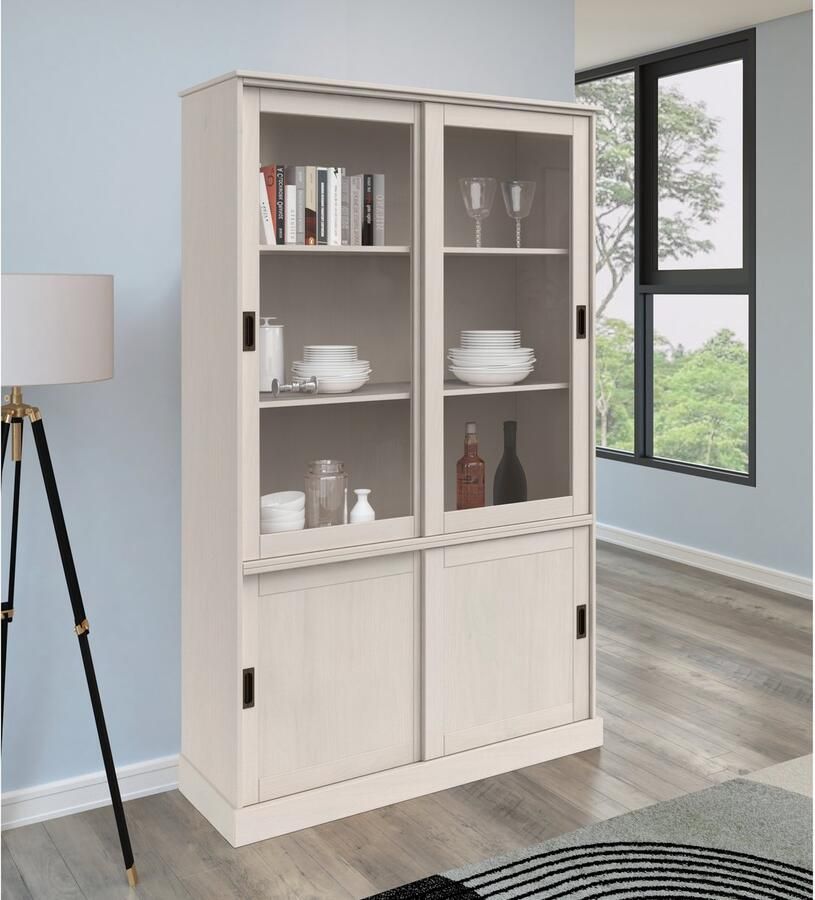 Loft24 Harry|Vitrine met 2 houten deuren en 2 glazen deuren in grenen wit