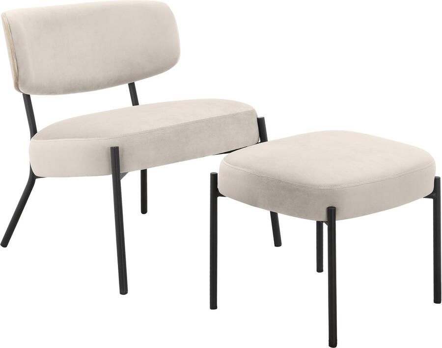 Loft24 Jerry|Loungestoel met kruk in crèmekleurig fluweel