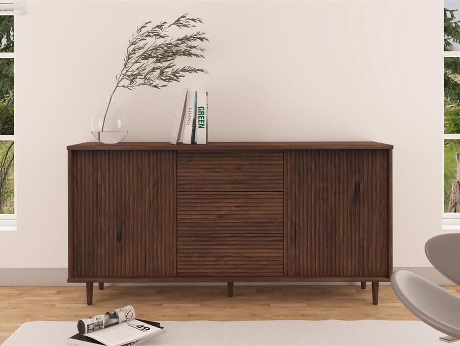 Loft24 Jerzy|Dressoir 160 cm met 2 deuren3 lades in grenen gelakt bruin