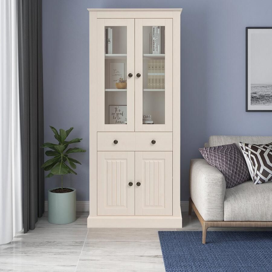 Loft24 Mille|Vitrine met 2 glazen deuren in grenen wit