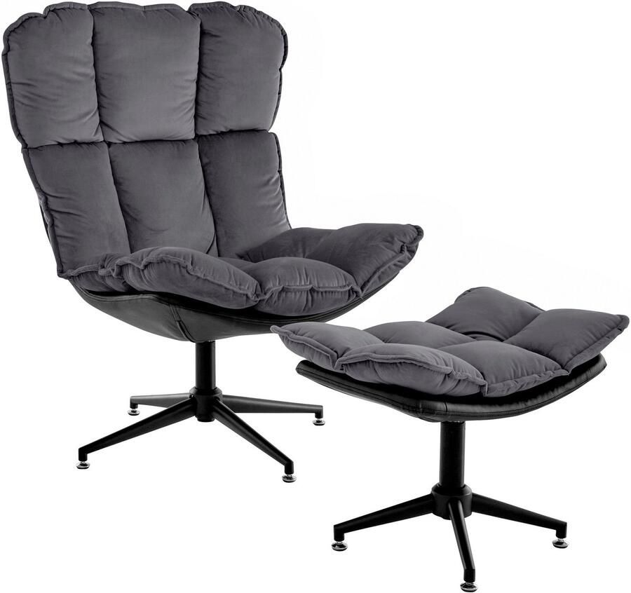 Loft24 Pilou|Loungestoel met kruk in fluweel antraciet