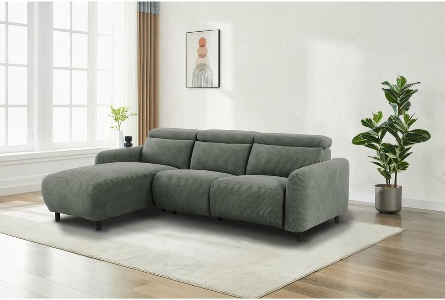 Loft24 Skaane|3-zitsbank met L chaise-lounge elektrische functie in Cord grijs Recamiere-schakels