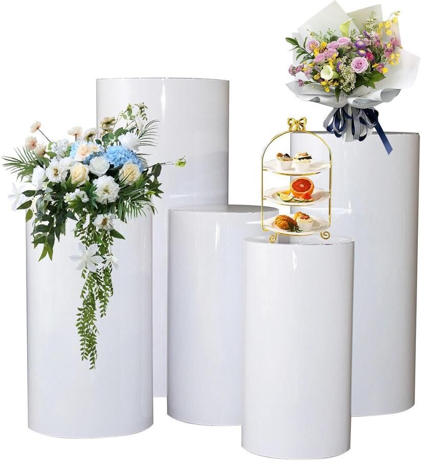 Loha party Bijzettafel Rond Set-Ronde Cilinder Stand Voetstuk Display-Ronde Decor Cilinder Plint Bruiloft-Props Metaal Witte Cilinder Voetstuk Display-Cilindrische Dessert Tafel-Feestdecoraties-Bruiloft-5 stuks