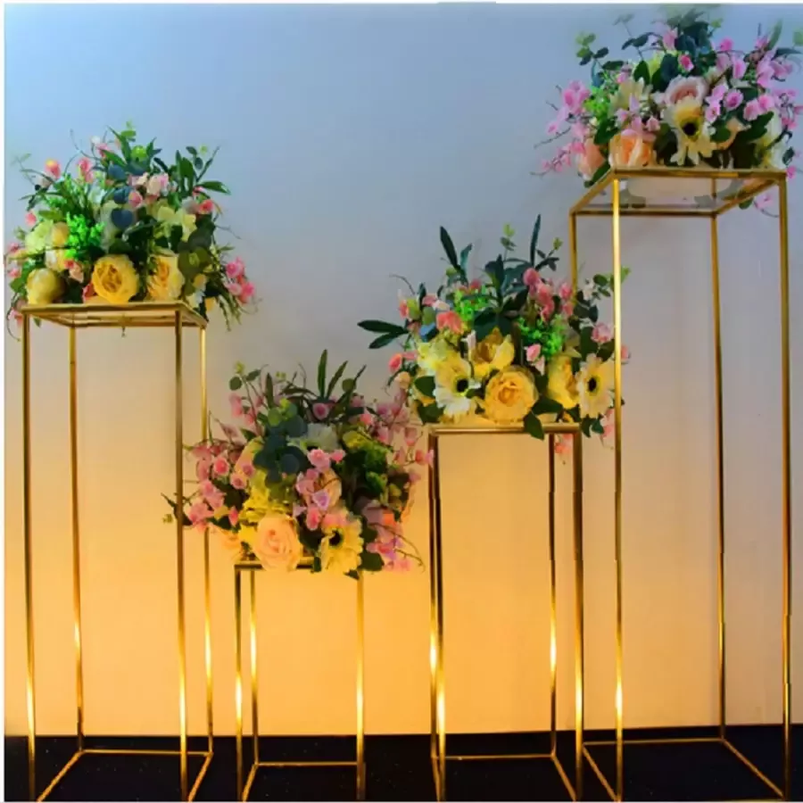 Loha-party Plantentafel set-Gouden- Bruiloft -Feest versiering-Metalen rechthoekige kolom- ​Hoge vloervaas tafel-40cm-60cm-80cm-100cm-Geometrische bloemenrekken-Huisdecoratie-4Stuks