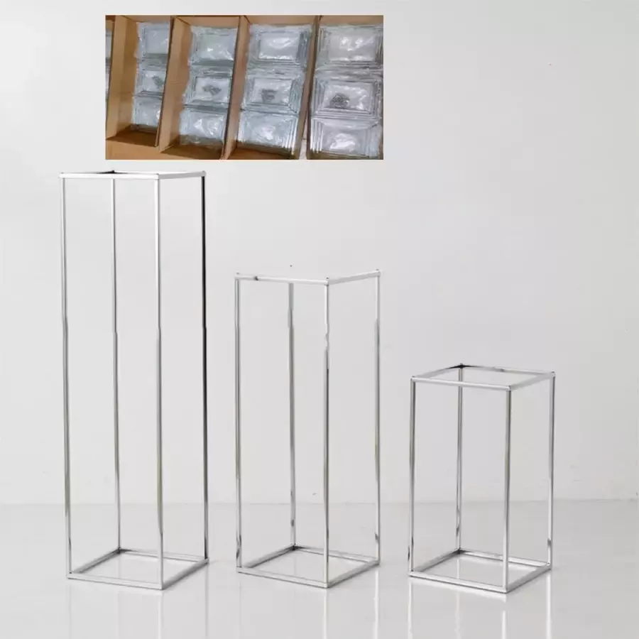 Loha-party Bloemenstandaards set-Zilver- Bruiloft -Fesst versiering-Metalen rechthoekige kolom- ​Hoge vloervaas tafel-40cm-60cm-80cm-100cm-Geometrische bloemenrekken-Huisdecoratie-4Stuks