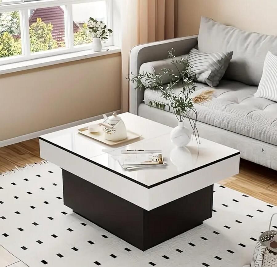 Loire Design Moderne Witte Salontafel met Hoogglans Afwerking – Vierkant Design met Verborgen Opbergruimte – Uitschuifbaar – 80x58 cm