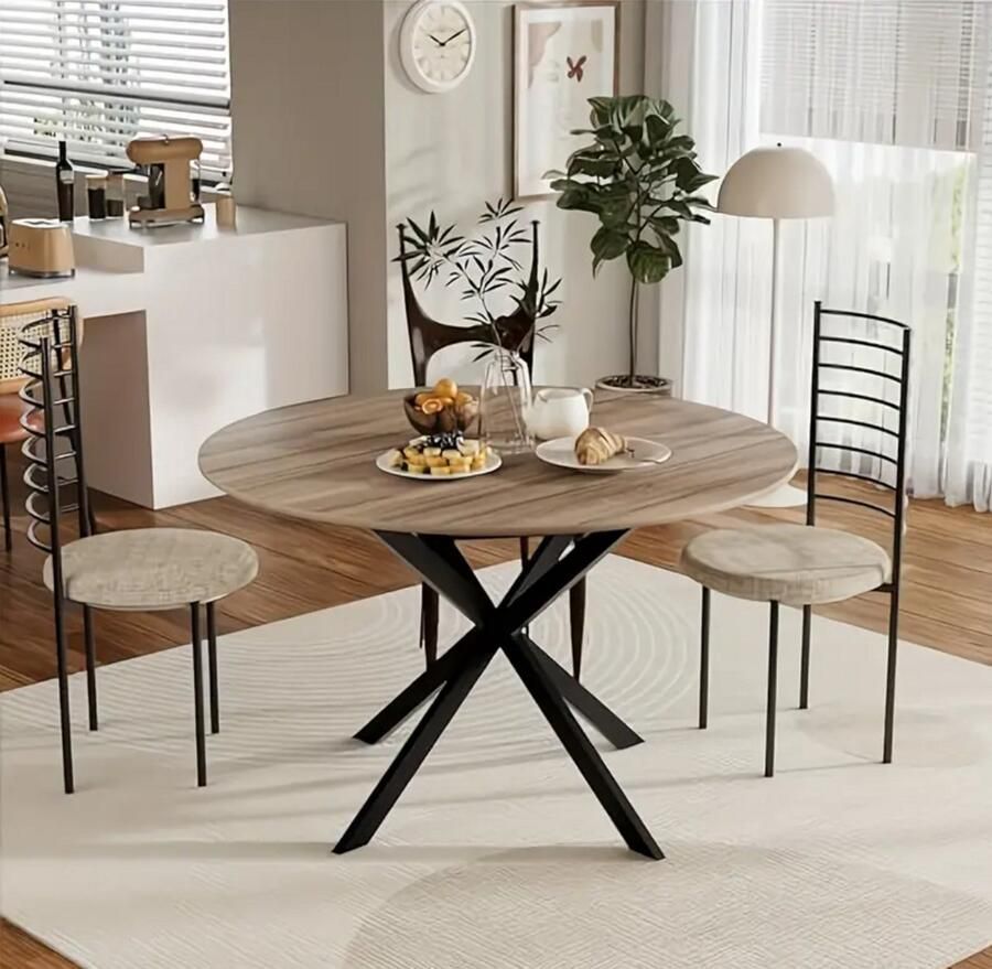 Loire Design Ronde Eettafel Ø120 cm – Houten Tafel met Zwarte Metalen Kruispoten – Eetkamertafel in Walnootlook – Modern & Scandinavisch Design - Foto 2