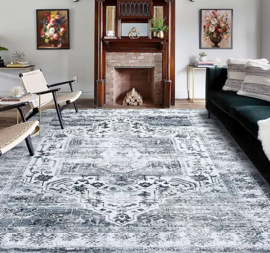 LoireDesign Vintage Vloerkleed 160x230 cm – Oosters Design – Grijstinten – Zacht & Slijtvast – Geschikt voor Woonkamer Slaapkamer of Eetkamer