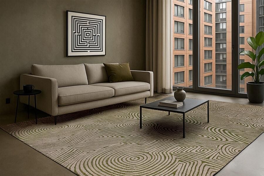 LOLA&MOI Geometrisch groen vloerkleed Tabasco met cirkels en labyrinten in goudgeel Tapijt 170 x 240 cm