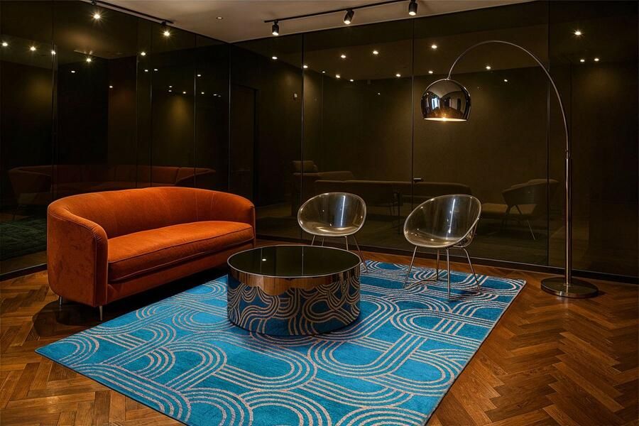 Beneffito Vloerkleed Disco donkerblauw met geometrische lijnen en cirkels Tapijt 200 x 280 cm