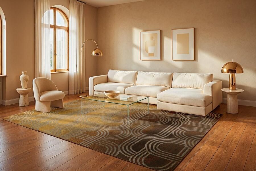 Beneffito Vloerkleed Disco geel met geometrische lijnen en cirkels Tapijt 240 x 340 cm - Foto 2