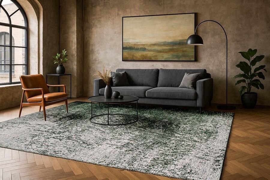 Beneffito Vloerkleed Reflect met verbrand groen en wit antiek effect 240 x 340 cm