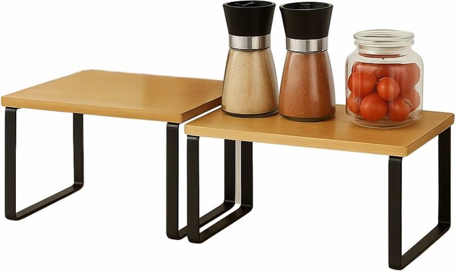 Lomera Aanrecht Organizer Keukenrekjes Set Stapelbaar Rek Metalen Frame Bamboe Plank Keuken Opbergrek Keukenkast Organizer Keukenrek Staand