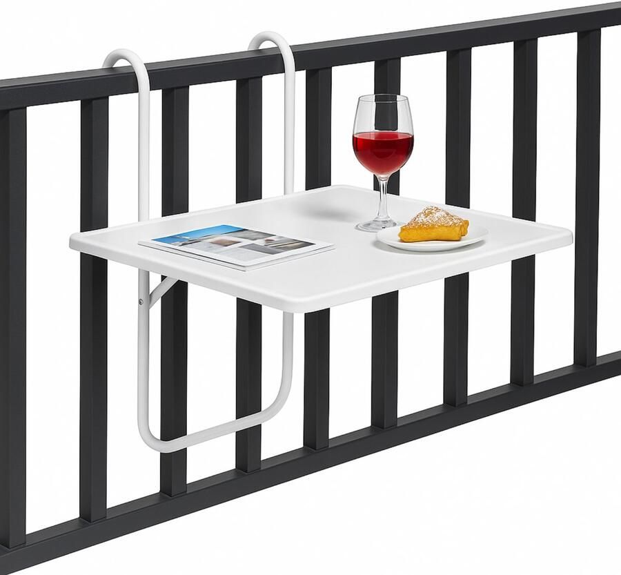 Lomera Balkontafel Wit Hangtafel Balkon Verstelbaar Tafelblad Hout Tafelblad Gepoedercoat Staal Frame Balkonbalustrade Tafel Buiten Tafeltje Balkon Tafel