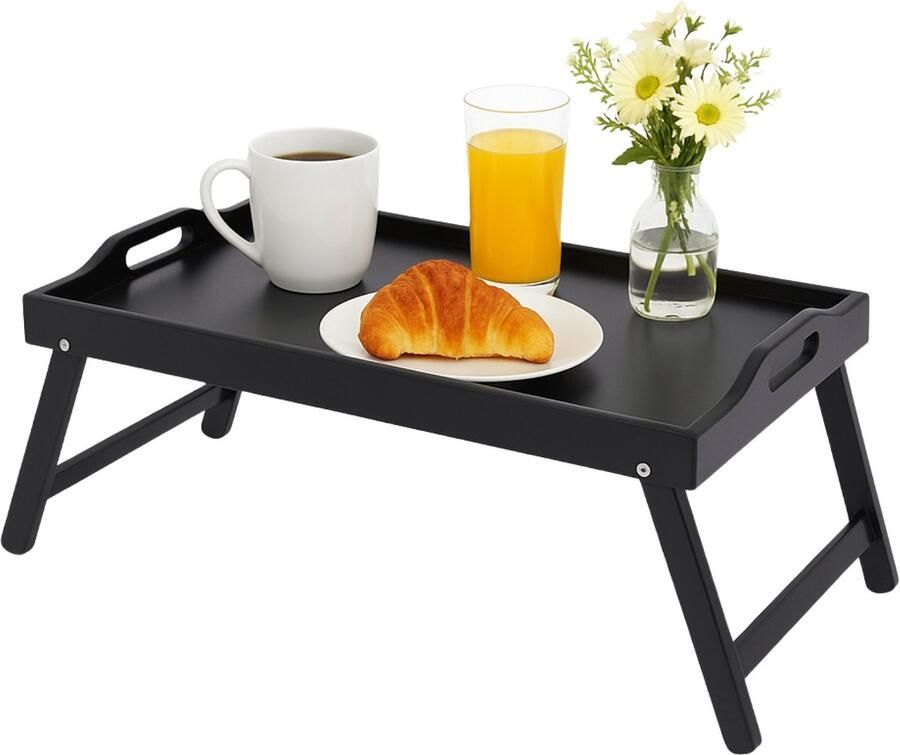 Lomera Bamboe Ontbijt Dienblad Inklapbaar Dienblad Ontbijt op Bed Zwart Gelakt Lichtgewicht Dienblad Multifunctioneel Dienblad op Pootjes Bedtafel Houten Dienblad MDF Materiaal