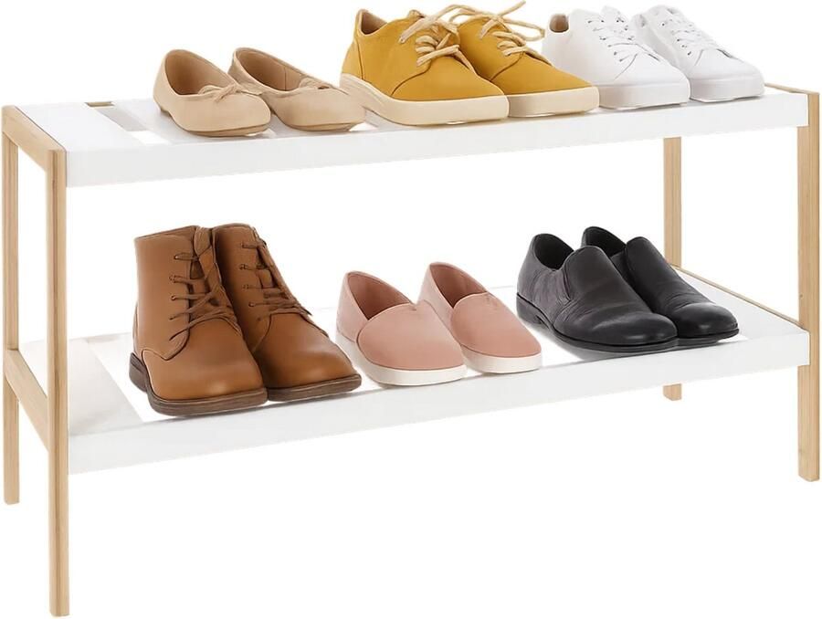Lomera Bamboe Schoenenrek 2-laags Schoenenrek MDF Leggers Bamboe Staanders Compact Schoenenrek Duurzaam Materiaal Wit en Bamboe Ruimtebesparend Ontwerp Modern Design Stevige Constructie Schoenenopslag