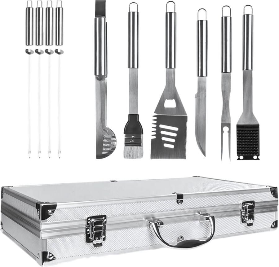 Lomera Barbecue Gereedschapset – Luxe Barbecue Accessoires – RVS Barbecue Set – 19-Delige BBQ Set – Aluminium Opbergkoffer – Grillgereedschap – Barbecue Tang – Schoonmaakborstel – Vleesvork en Vleesmes – 3-in-1 Spatel – Barbecue Spiezen – Maishouders