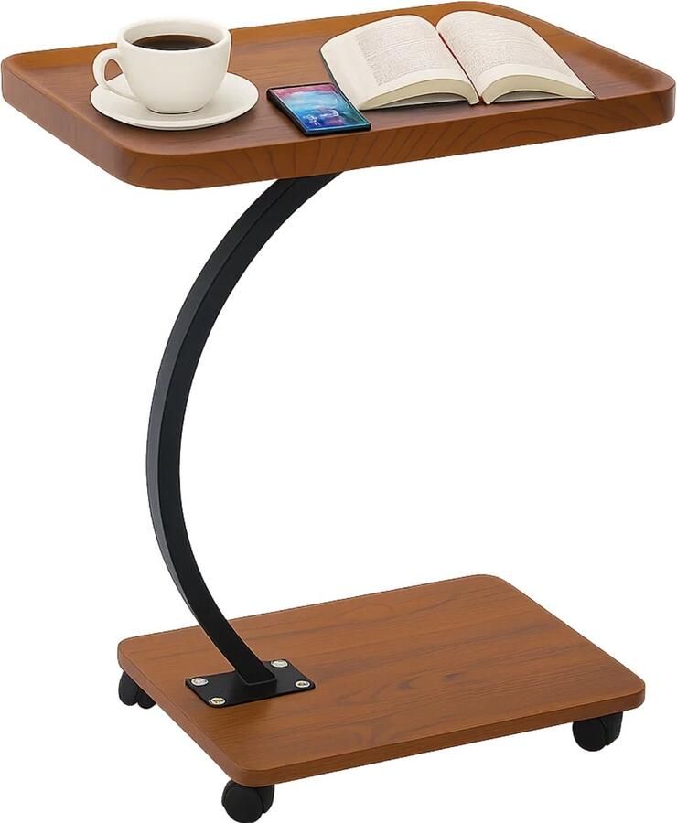 Lomera Bijzettafel Met Wieltjes C-Shape Bijzettafel Mdf En Metaal Zwart Frame Vintage Blad Opstaande Rand Blad Zonder Wieltjes Industriële Stijl Compacte Tafel Multifunctionele Tafel