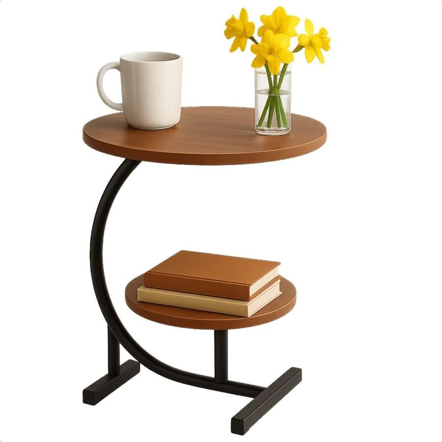 Lomera Bijzettafel Metaal Dubbel Tafelblad Bruine Bijzettafel Mdf Hout Sidetable Bruin Metalen Frame Compacte Bijzettafel Ronde Tafelbladen Hoog Lichtgewicht Tafel Moderne Bijzettafel