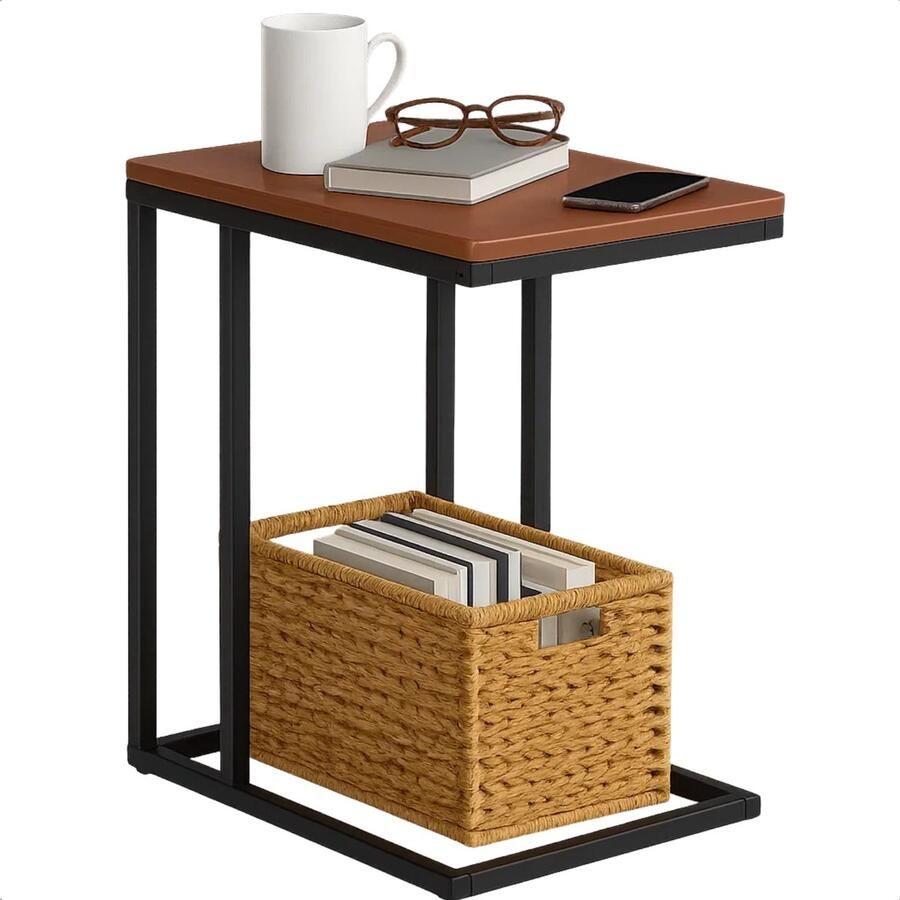 Lomera Bijzettafel Metaal En Mdf Zwart Metalen Frame Bruin Mdf Tafelblad Afgeronde Hoeken Banktafeltje Industriële Stijl Compacte Bijzettafel Stelpootjes Lichtgewicht Tafel Moderne Bijzettafel