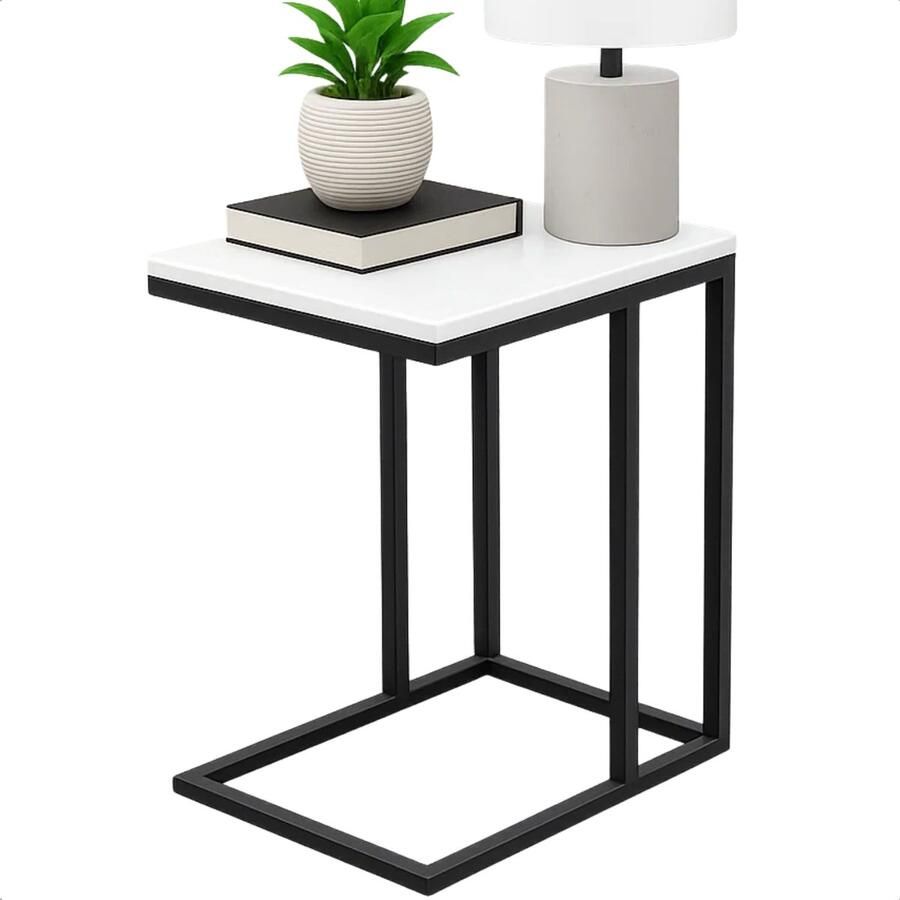 Lomera Bijzettafel Metaal Wit Gemarmerd Zwart Metalen Frame Wit Mdf Tafelblad Afgeronde Hoeken Stelpootjes Banktafeltje Tafelblad Woonkamer Tafel Modern Design Compacte Bijzettafel
