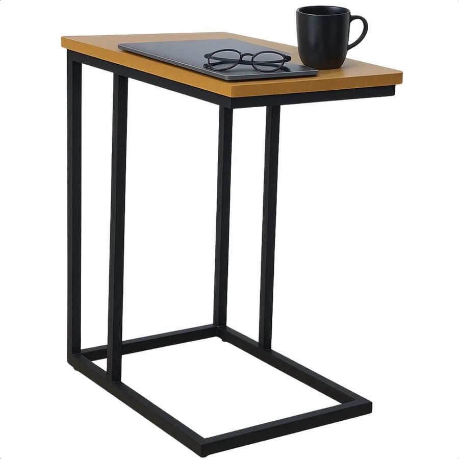 Lomera Bijzettafel Metaal Zwart Metalen Frame Naturel Mdf Tafelblad Afgeronde Hoeken Stelpootjes Compacte Bijzettafel Banktafeltje Industrieel Design Woonkamer Tafel Lichtgewicht Tafel Modern Bijzettafeltje