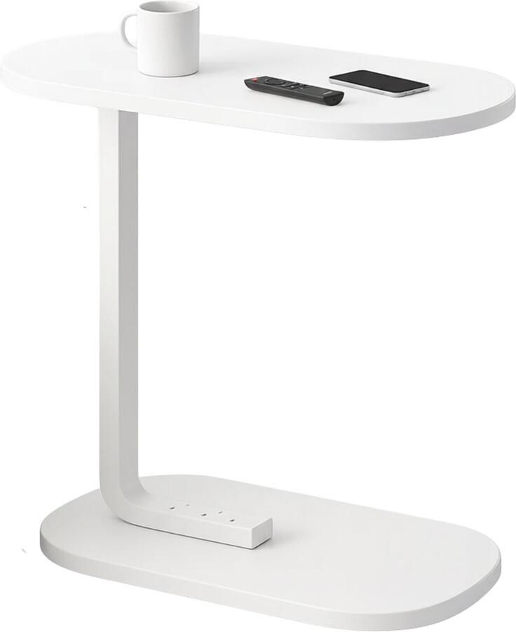 Lomera Bijzettafel Wit Banktafel metaal Mdf Blad Wit Onderstel C-Vormige Tafel Compacte Bijzettafel Metaal met Hout Tafeltje Bijzet Tafel Nachtkastje Sidetable Woonkamer Tafel Moderne Stijl