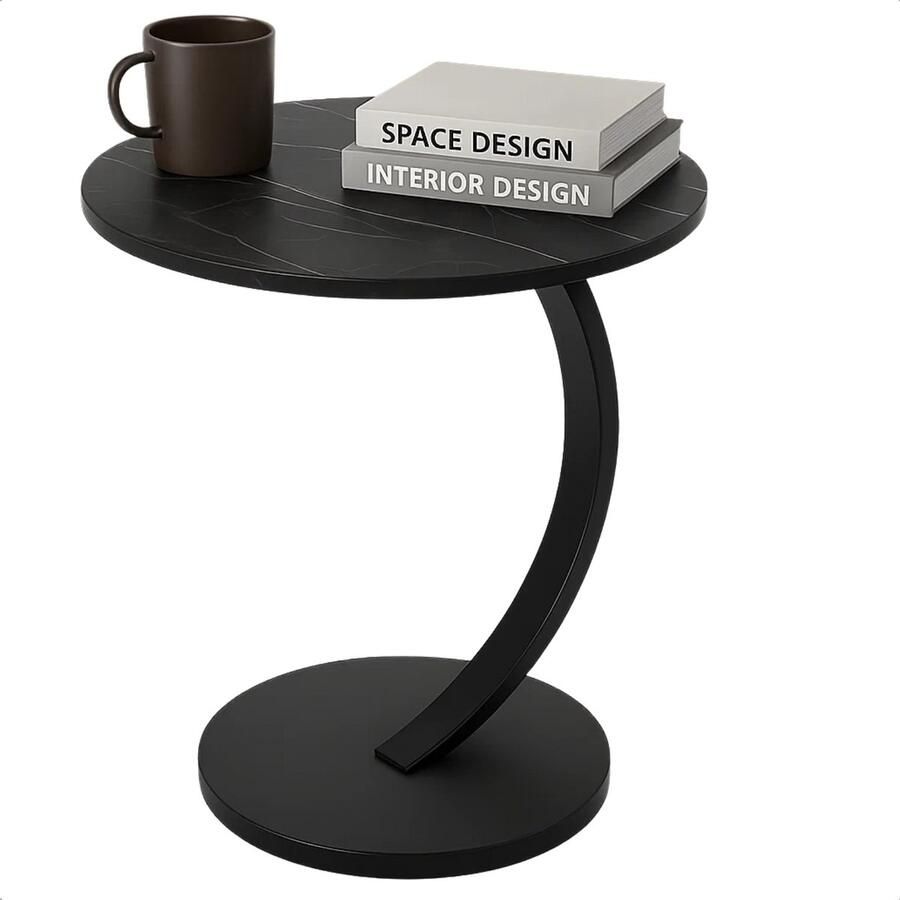 Lomera Bijzettafel Zwart Rond Bijzettafel Zwart Gemarmerd Blad Mdf Hout Tafelblad Metalen Frame Sidetable Zwart Compacte Bijzettafel Moderne Bijzettafel Woonkamer Tafel Slaapkamer Tafeltje