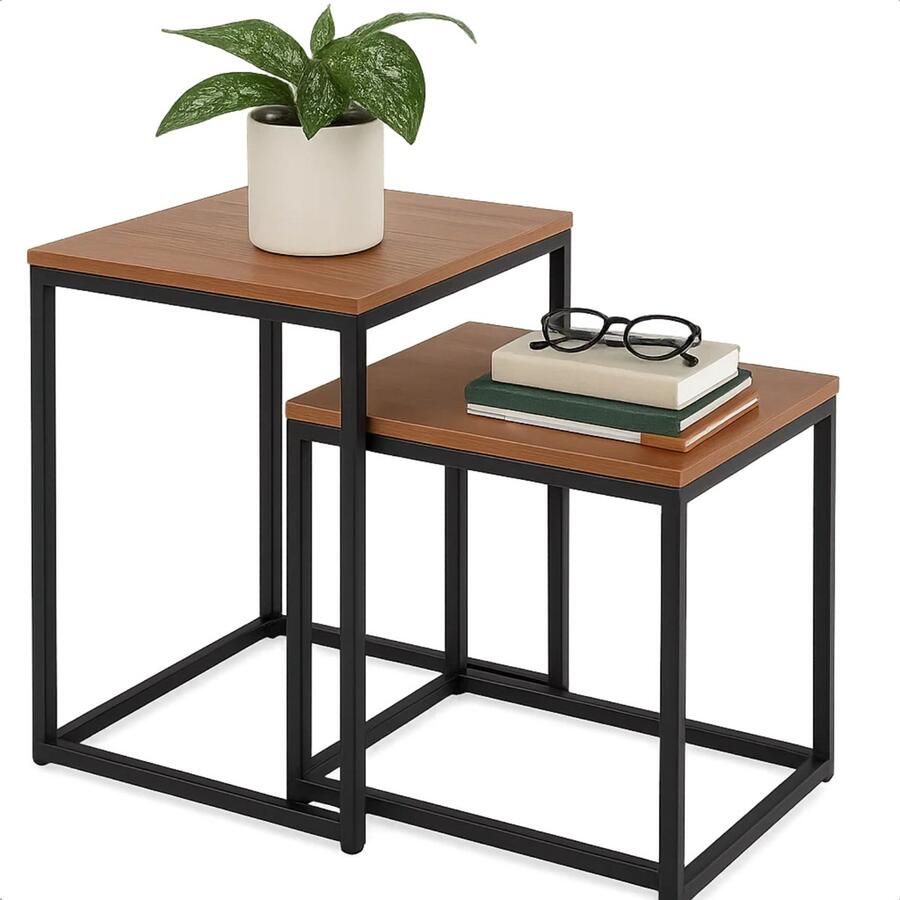 Lomera Bijzettafels Set Van 2 Industrieel Design Gepoedercoat Metaal Mdf Tafelblad Zwart Metalen Frame Ruimtebesparend Nesttafels Woonkamer Bijzettafel Verstelbare Poten Compact Ontwerp