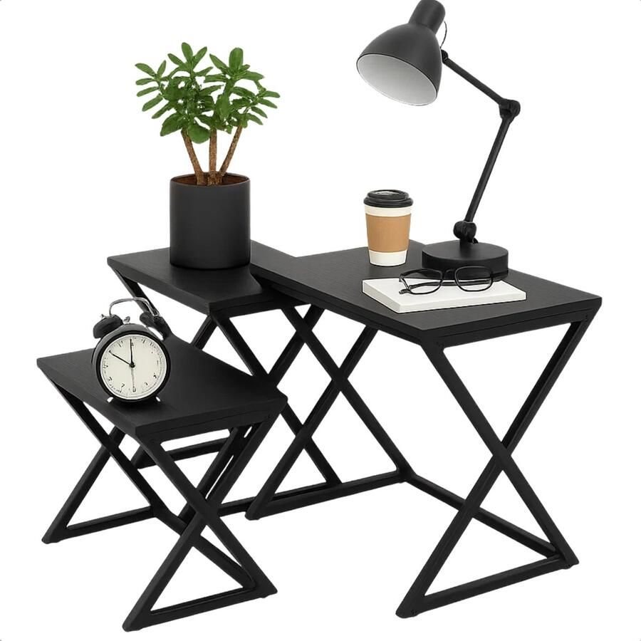 Lomera Bijzettafels Set Van 3 X-Shaped Bijzettafels Metaal Frame Mdf Gefineerd Tafelblad Zwart Frame Zwart Tafelblad Compacte Bijzettafels Stijlvolle Bijzettafels Functionele Bijzettafels Veelzijdige Bijzettafels