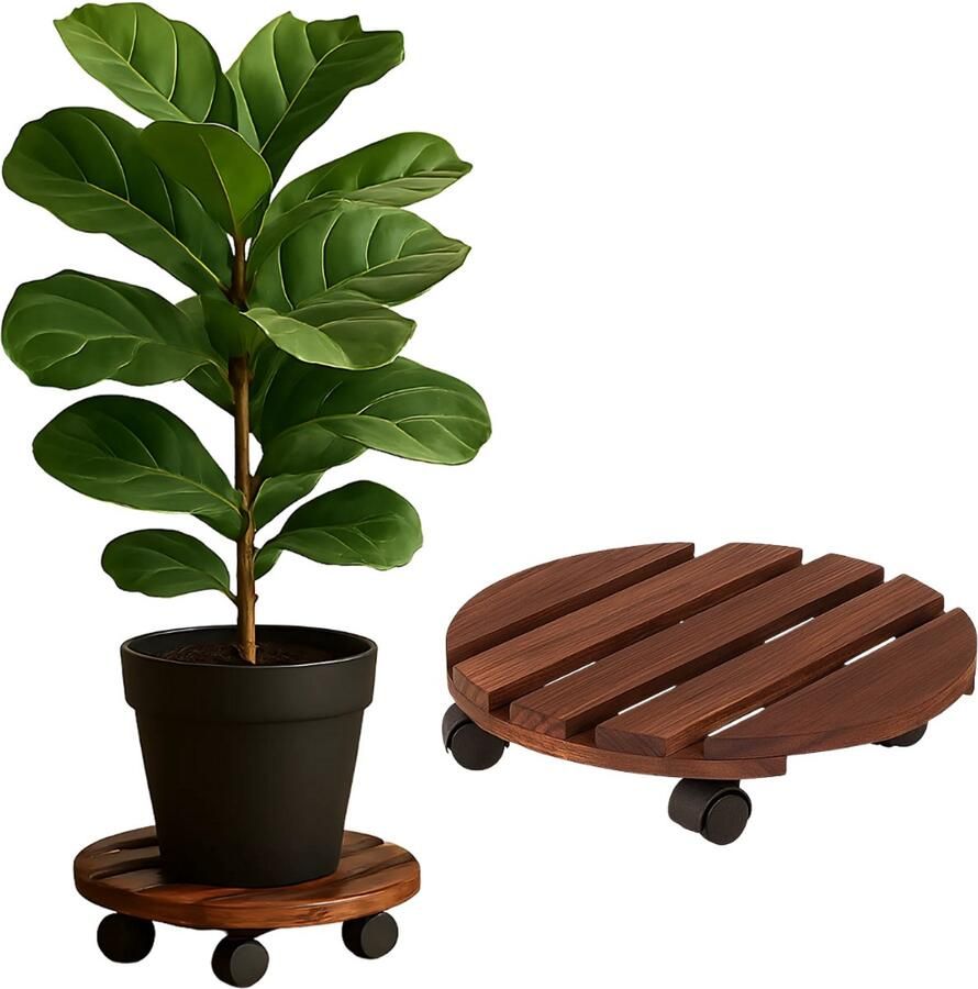 Lomera Houten Plantentrolley Met Wieltjes Rond 30 cm 4 Zwenkwielen Met Rem Houtkleur Bruine Plantentrolley Plantenroller Plantenstandaard Plantenonderzetter Kamerplanten Trolley Plantenpot Trolley
