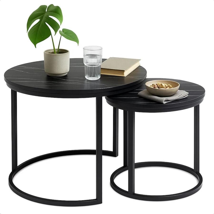 Lomera Industriële Bijzettafel Modern Industrieel Design Zwart Bijzettafel Set Van 2 Gepoedercoat Metaal Mdf Tafelblad In Elkaar Geschoven Moderne Bijzettafel Zwart Frame Compacte Bijzettafel Ruimtebesparend Design