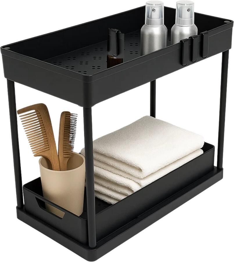 Lomera Keukenkast Organizer Schuiflade Keukenkast Uitschuifbare Lade Keuken Organizer Gootsteenkast Organizer Opbergplanken Keuken Kunststof Materiaal Zwart Design Ophangbakjes En Haken Binnenlade Keuken Keukenrek Opbergrek