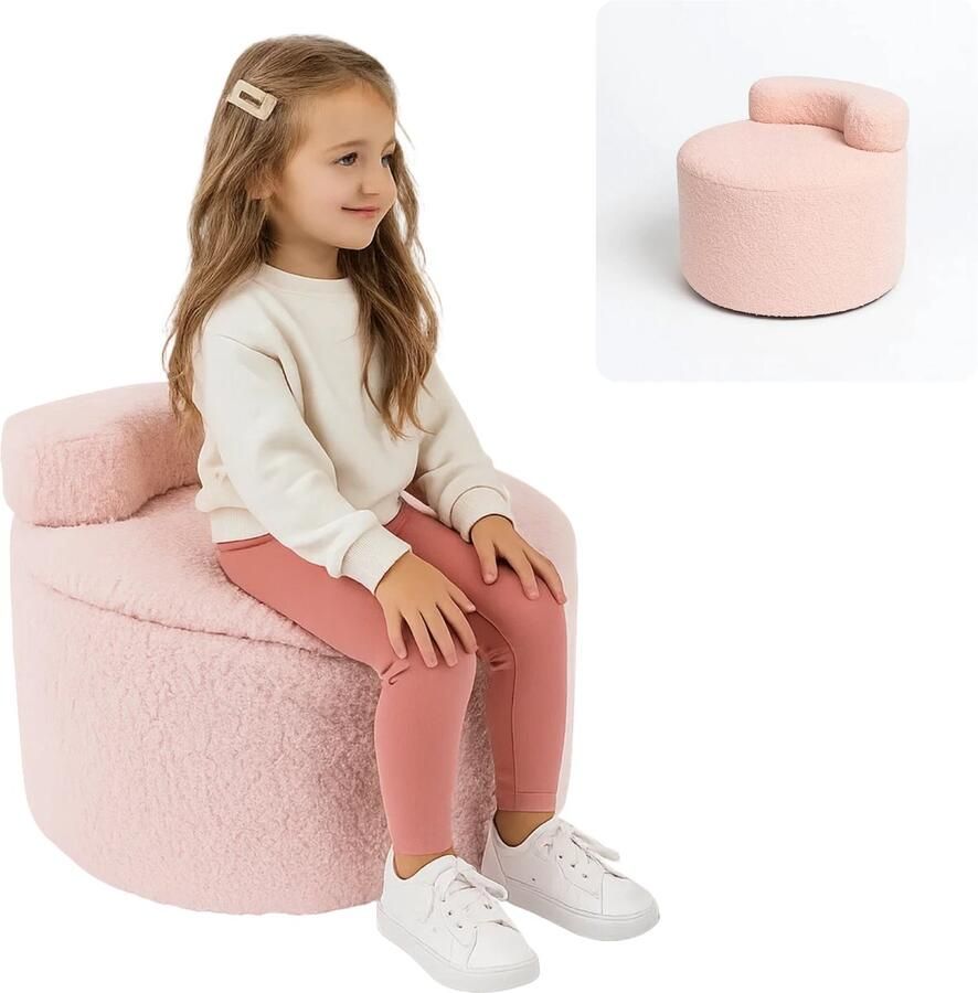 Lomera Kinderpoef Roze Opbergstoel Zachte Rugsteun Fleece Afwerking Opbergruimte Comfortabele Kinderzit Kinderkamer Decor Ronde Poef Kindvriendelijk Ontwerp Multifunctionele Poef
