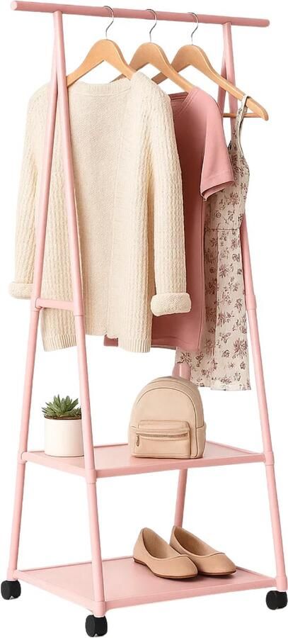 Lomera Kledingrek Met Leggers Metaal Kledingrek Verrijdbaar Kledingrek Roze Kledingrek Met Zwenkwielen Non-Woven Planken Kledingrek Met Rem Verstelbaar Kledingrek Metalen Frame Non-Woven Stof