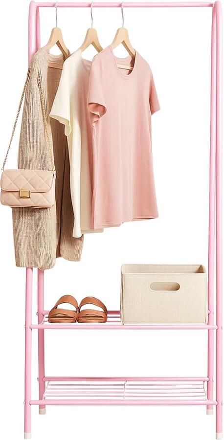 Lomera Kledingrek Met Schoenenrek Metaal Kledingrek Roze Kledingrek Hoog Breed Garderobe Opbergrek Metaal Materiaal Schoenenrekroosters Lichtgewicht Kledingrek Compacte Afmeting Ruimtebesparend