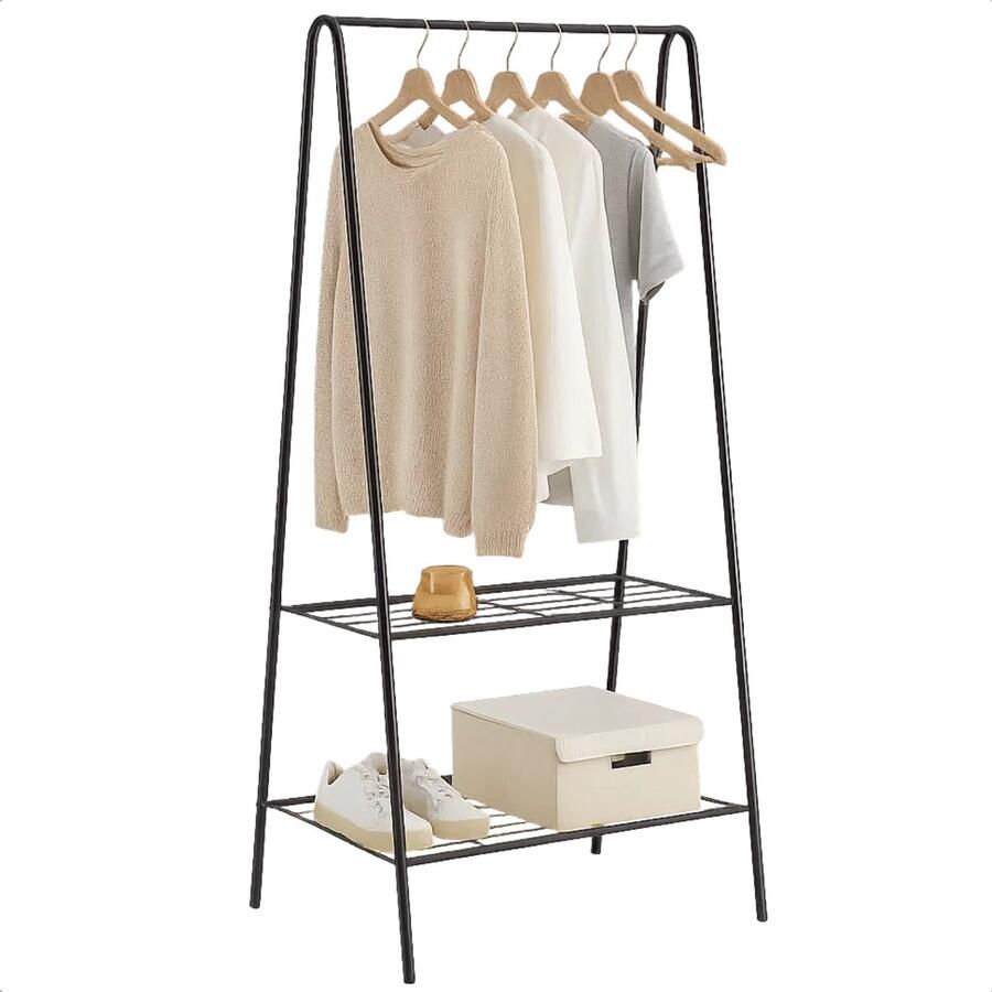 Lomera Kledingrek Met Schoenenrek Metaal Zwart Hoog Breed Garderoberek Lichtgewicht Metaal Constructie 2 Schoenrekroosters Kledingstandaard Opbergrek Compacte Afmetingen Stevig Ontwerp Functioneel Design