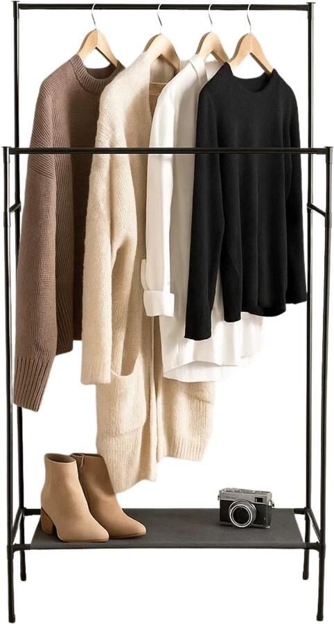 Lomera Kledingrek Zwart Metaal Frame Non-woven Schap Kunststof Verbindingsstukken Garderoberek Compacte Kledingopslag Ruimtebesparend Ontwerp Stevig en Duurzaam Modern Design Multifunctioneel Gebruik