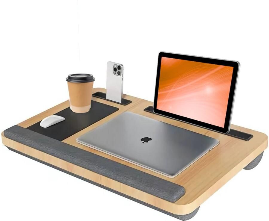 Lomera Laptopkussen Schoottafel Bedtafel Schootkussen Laptray Houten Schoottafel Polssteun Muispad Telefoonhouder Tablethouder Geschikt Voor Laptops Tot 15.6 Inch Stabiel Drukvermindering Benen 55 x 34 cm 2.2 kg