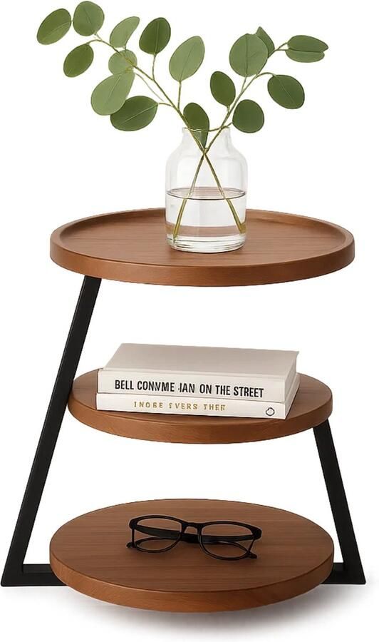 Lomera Moderne Bijzettafel Bruin Bijzettafeltje Zwart Metalen Frame Mdf Plateau Opstaande Rand Verstelbare Pootjes Compacte Tafel Stijlvolle Bijzettafel Ronde Tafel Interieuraccessoire