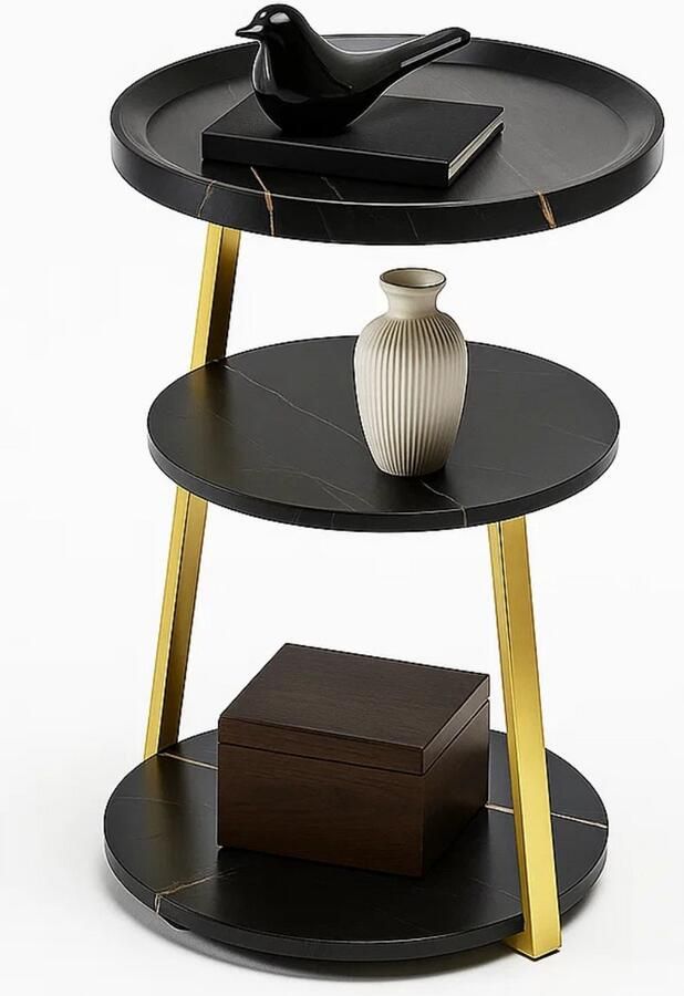 Lomera Moderne Bijzettafel Zwart Goud Goudkleurig Metalen Frame Zwart Gemarmerd Mdf Materiaal Ronde Bijzettafel Woonkamer Tafel Luxe Design Marmer Look Veelzijdigheid & Flexibiliteit Ruimtebesparend Stelpootjes