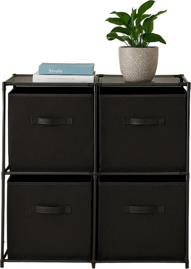 Lomera Opbergkast 4 Vakken Metalen Frame Opbergvakken Polyester Opbergkast Zwart Compacte Opbergkast Stevige Opbergkast