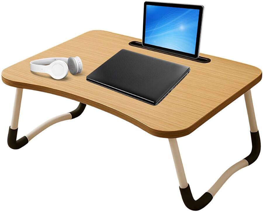 Lomera Opklapbare Laptoptafel 60x40 cm Bedtafel Tablethouder Anti-Slip Poten MDF Tafelblad Metalen Frame Walnoot Kleur Draagbaar Ontwerp Multifunctioneel Gebruik Lichtgewicht Geschikt Voor Laptop