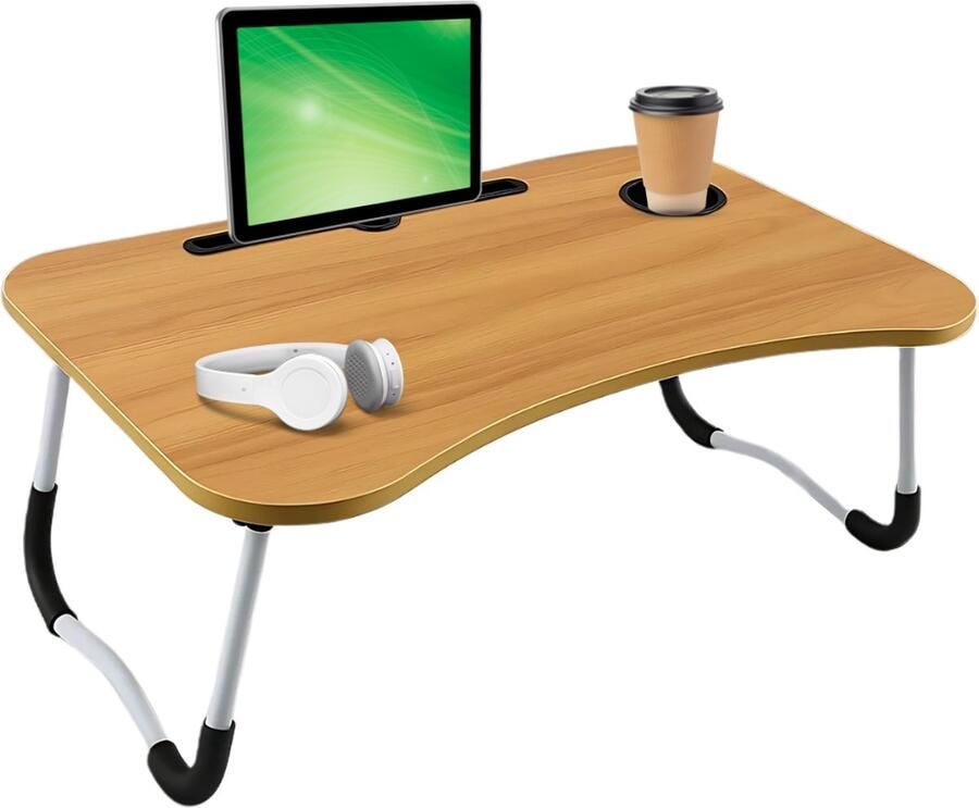 Lomera Opklapbare Laptoptafel Bedtafel Houtlook Laptop Standaard Tablethouder Bekerhouder Opberglaatje Anti-Slip Poten MDF Tafelblad Metalen Frame 60x40 cm Licht Hout Laptoptafel Voor Bed Werken In Bed