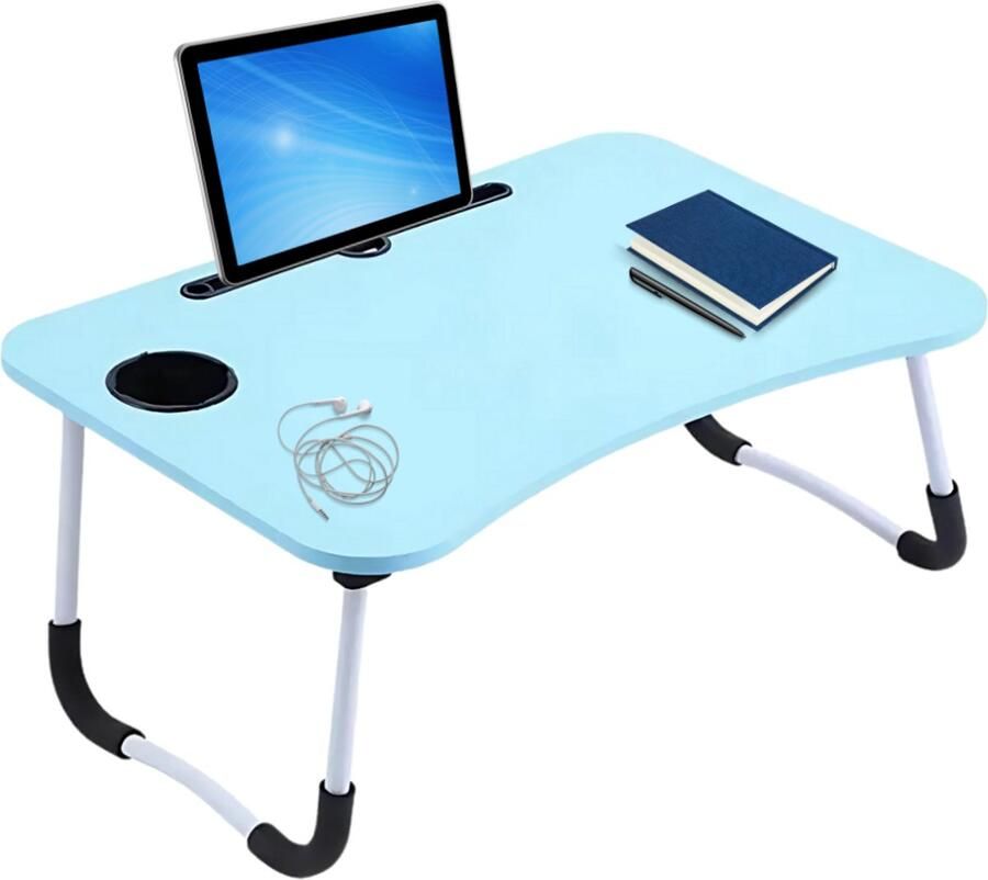 Lomera Opklapbare Laptoptafel Bedtafel Laptop Standaard Tafel Met Bekerhouder Tablethouder Opberglaatje Anti-Slip Poten MDF Tafelblad Metalen Frame 60x40 cm Blauw Tafelblad Laptoptafel Voor Bed Werken In Bed