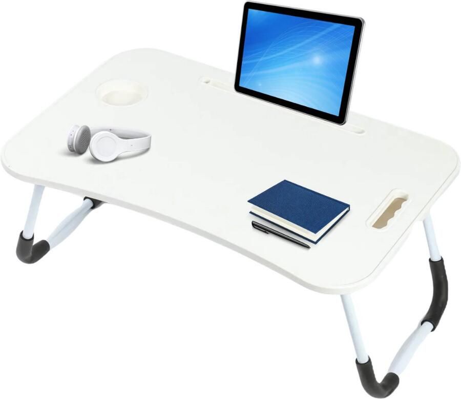 Lomera Opklapbare Laptoptafel Bedtafel Laptop Standaard Tafel Met Tablethouder Bekerhouder Opberglaatje Anti-Slip Poten MDF Tafelblad Metalen Frame 60x40 cm Wit Tafelblad Creme Kleur Werken In Bed Ontbijt Op Bed