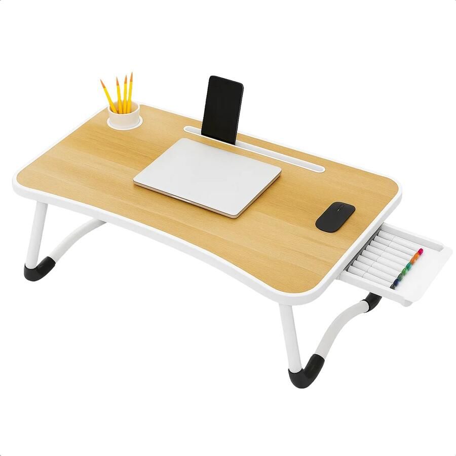Lomera Opklapbare Laptoptafel Bedtafel Laptoptafel Voor In Bed Tablethouder Bekerhouder Opberglaatje Anti-Slip Poten Mdf Tafelblad Metalen Frame Walnoot Kleur Laptopstandaard Inklapbare Tafel Ontbijt Op Bed