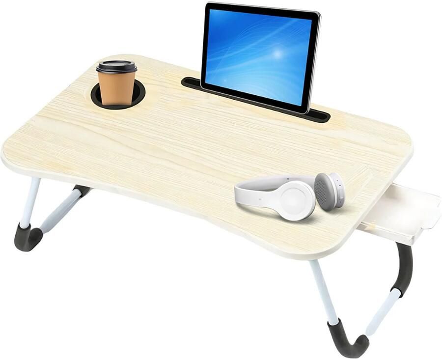 Lomera Opklapbare Laptoptafel Bedtafel Licht Houtlook Tablethouder Bekerhouder Opberglaatje Anti-Slip Poten MDF Tafelblad Metalen Frame 60x40 cm Laptopstandaard Ontbijt Op Bed Inklapbaar Werken In Bed
