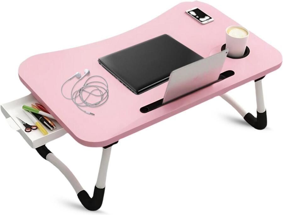 Lomera Opklapbare Laptoptafel Bedtafel Roze Laptoptafel Tablethouder Bekerhouder Opberglaatje Anti-Slip Poten MDF Tafelblad Metalen Frame 60x40 cm Compacte Laptoptafel Draagbare Tafel Multifunctionele Tafel