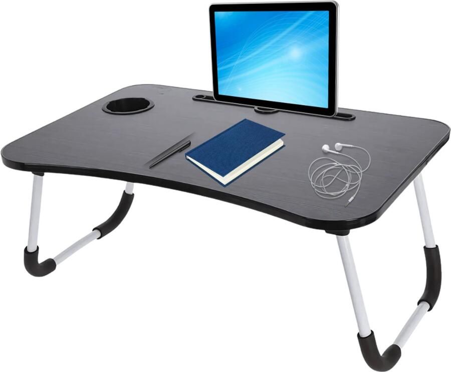 Lomera Opklapbare Laptoptafel Bedtafel Tafel Met Tablethouder Bekerhouder Opberglaatje Anti-Slip Poten MDF Tafelblad Metalen Frame 60x40 cm Zwart Tafelblad Werken In Bed Ontbijttafel Compacte Afmetingen